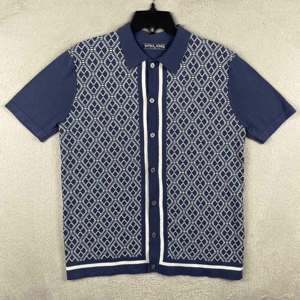 PJ Paul Jones Knitted Shirt Mens Medium Blue Geometric Polo Cardigan Button Up